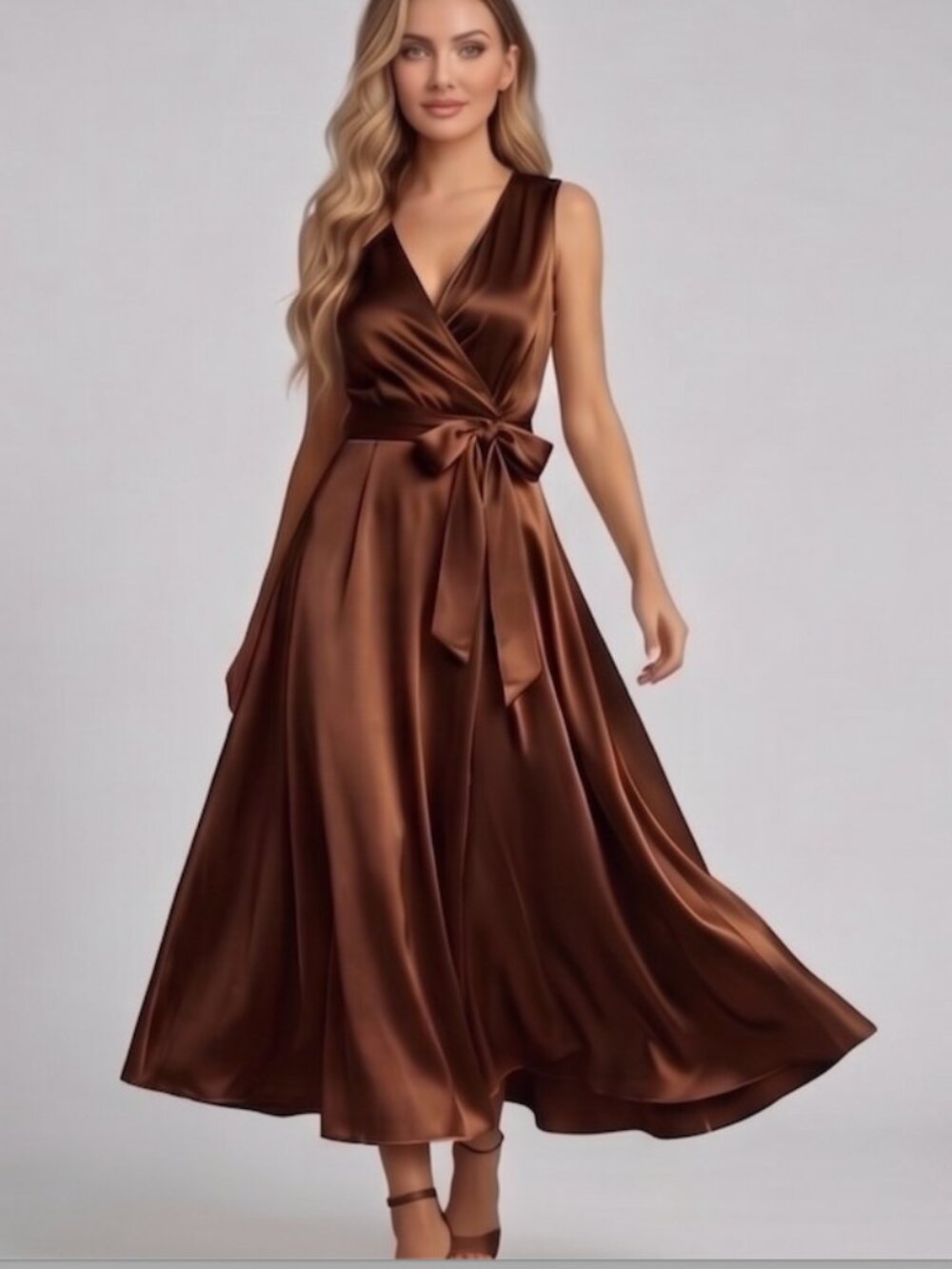 LAST ONE🔥 Champagne Satin Wrap Midi Dress | Sleeveless  Cocktail Party Gown